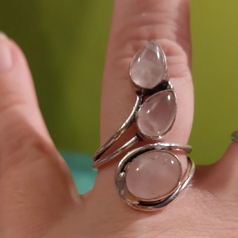 3 Stone Adjustable Rose Quartz Ring - Picture 2 of 3